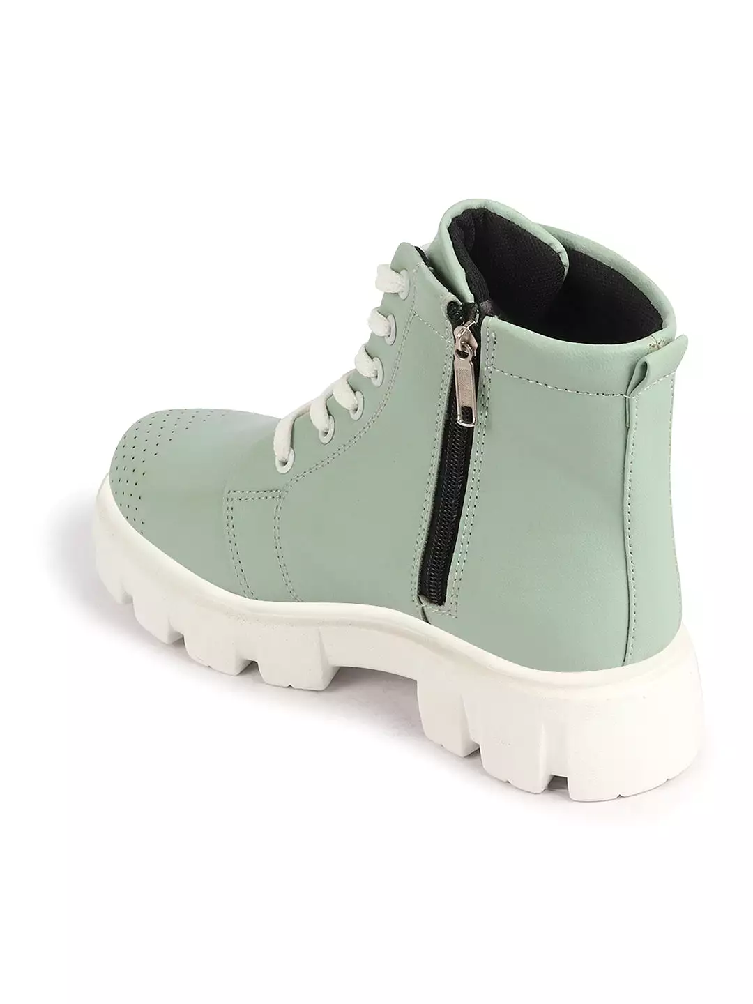 Women Pista Green Outdoor Winter High Top Chunky Lace Up Casual Boots