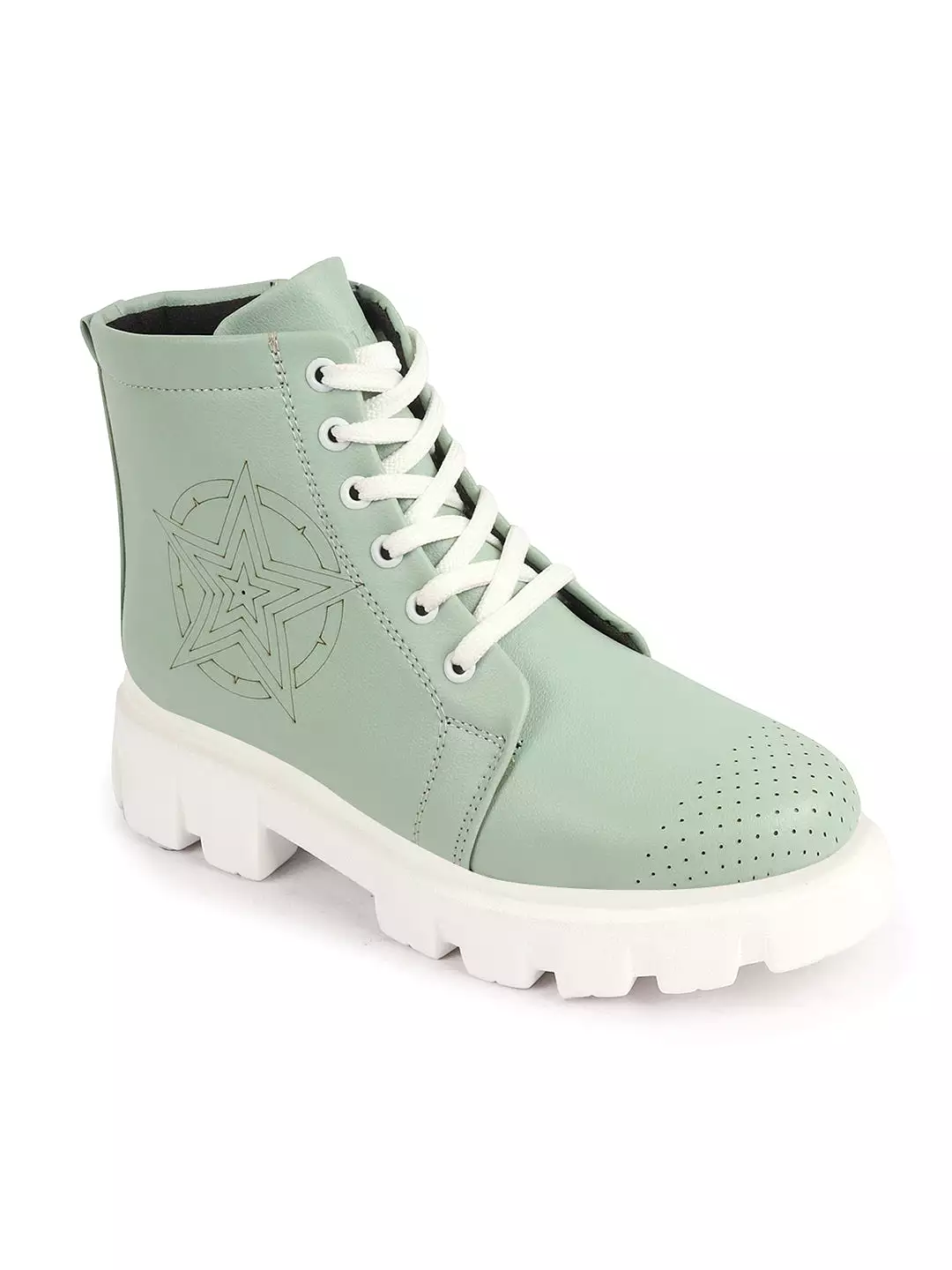 Women Pista Green Outdoor Winter High Top Chunky Lace Up Casual Boots