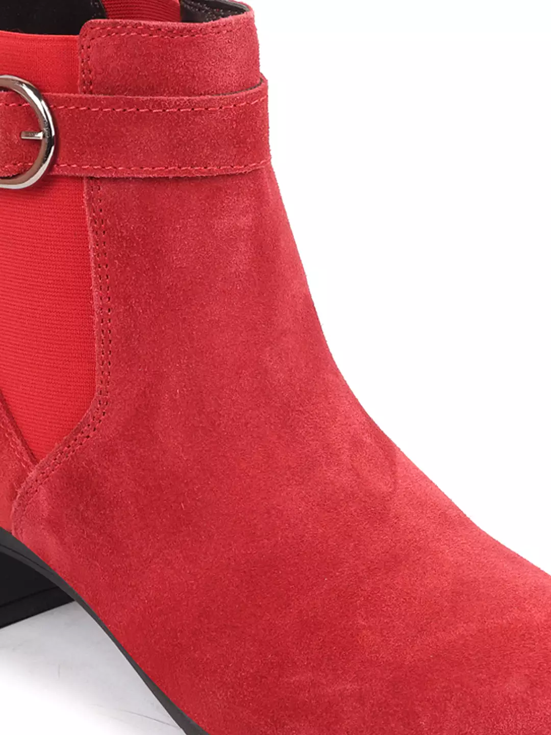 Women Red Flared Heel High Ankle Suede Leather Classic Winter Buckle Strap Chelsea Boots