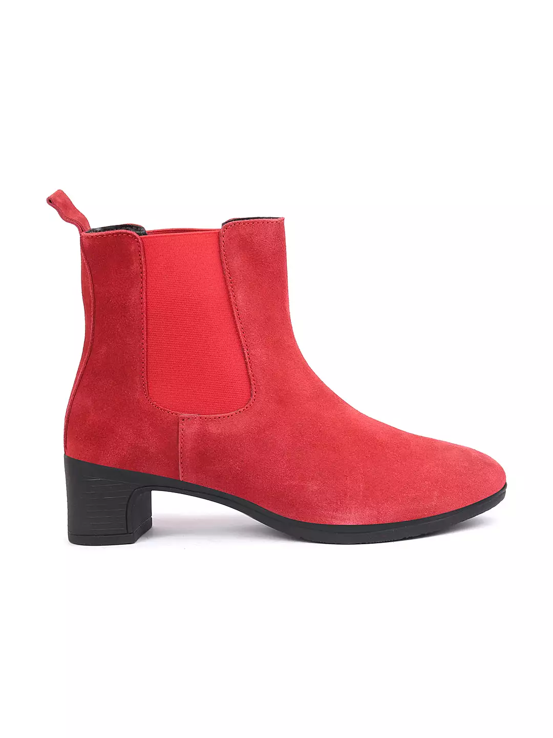 Women Red Flared Heel High Ankle Suede Leather Classic Winter Chelsea Boots