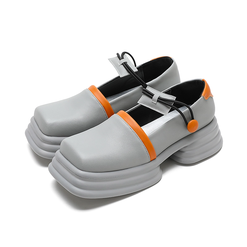 Women Retro Color-blocking Platform Leather Shoes Gray 