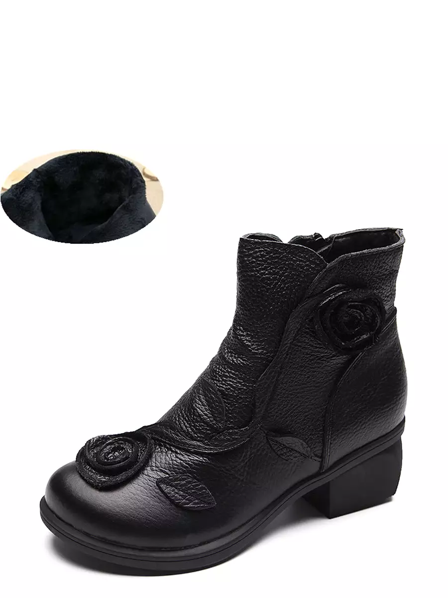 Women Retro Flower Leather Solid Mid-Heel Boots