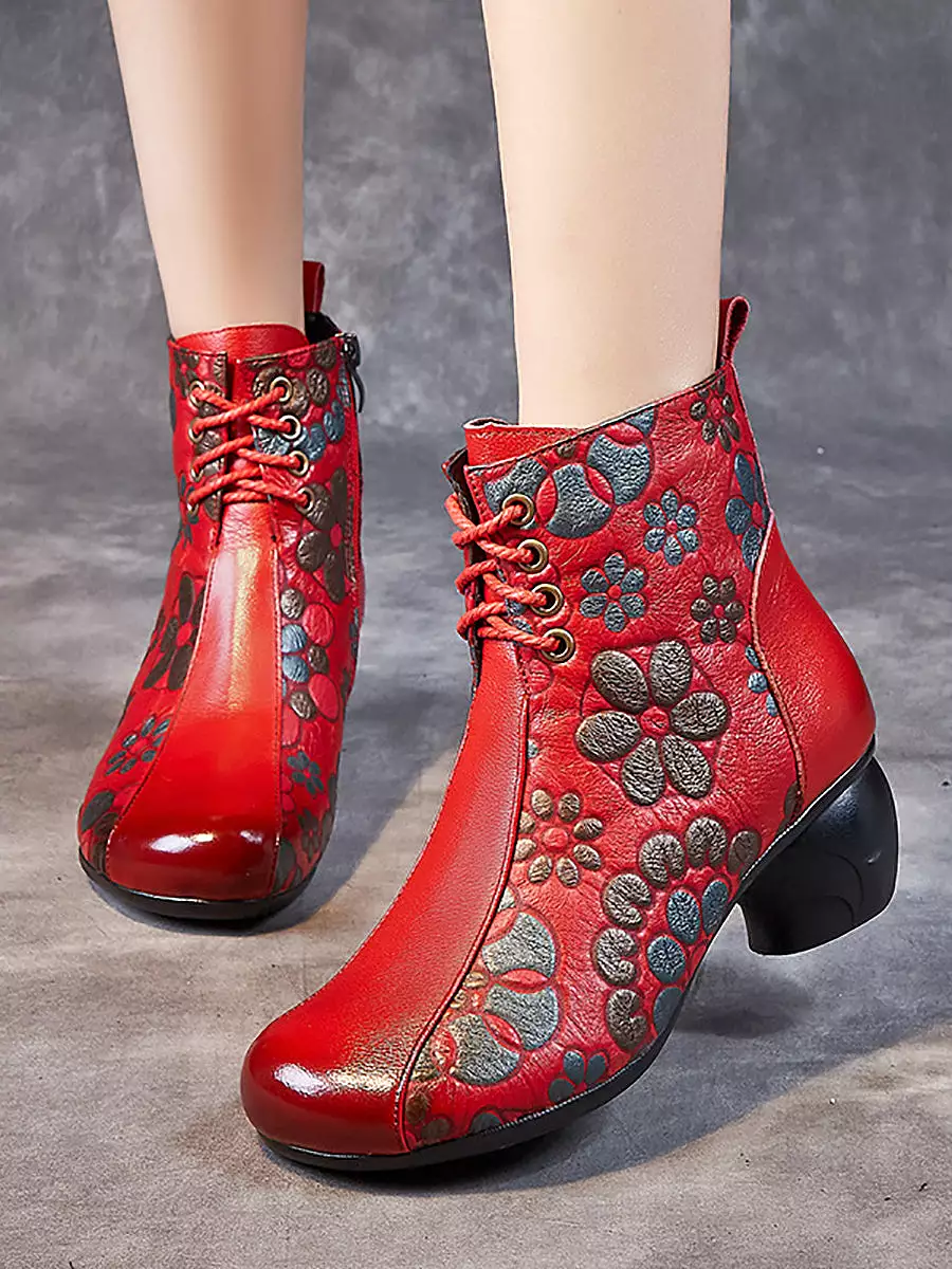 Women Retro Leather Flower Print Chunky Heel Boots