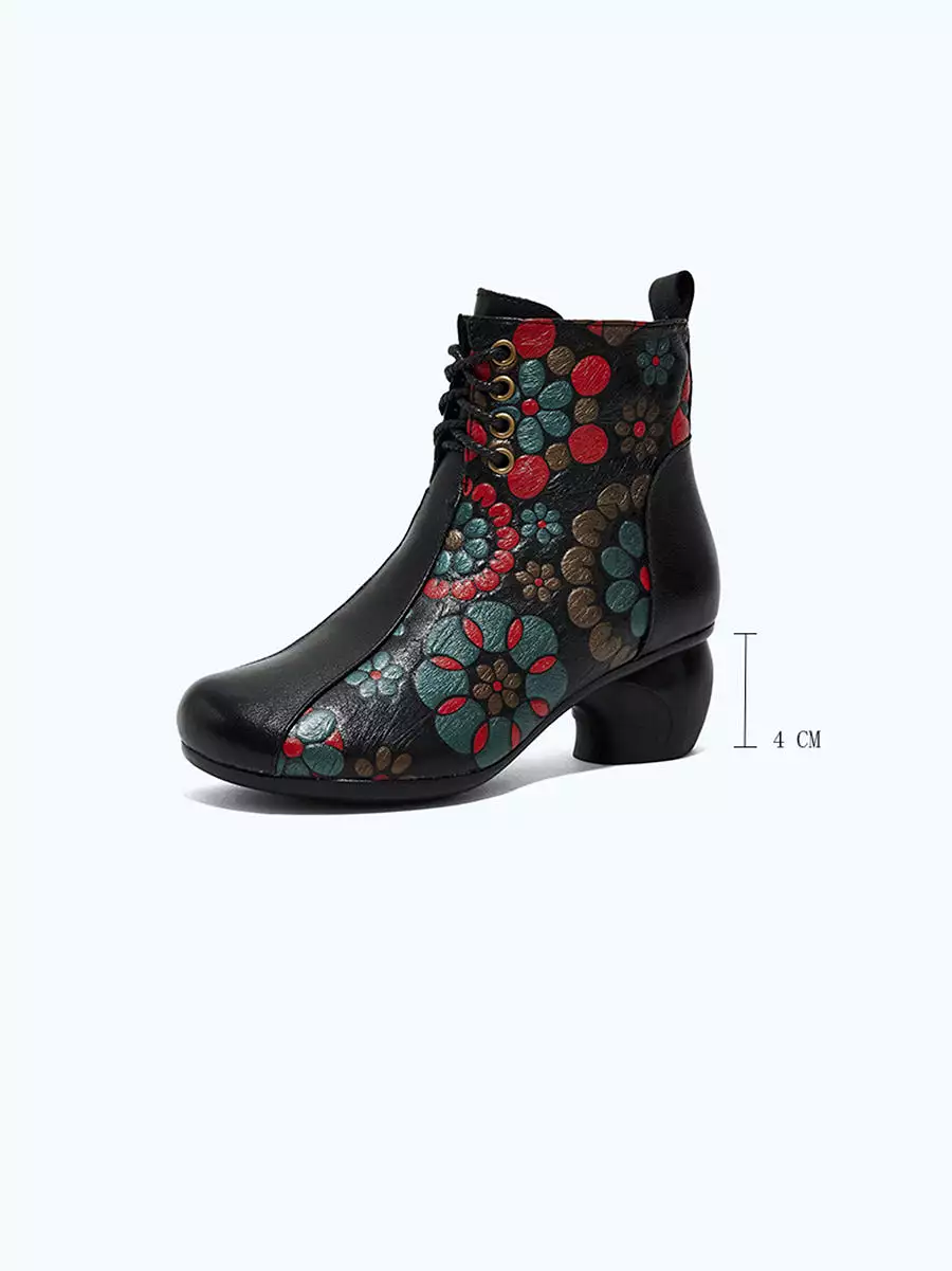 Women Retro Leather Flower Print Chunky Heel Boots