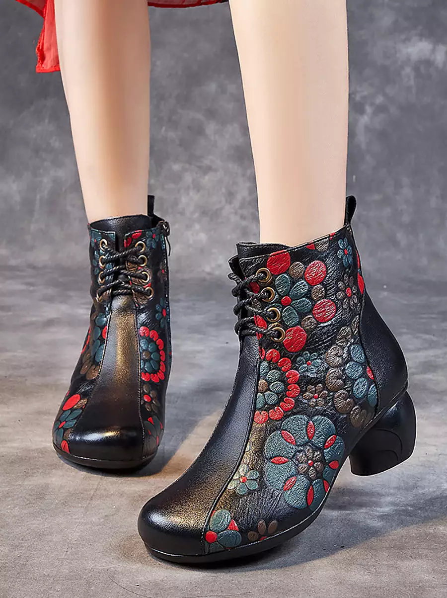 Women Retro Leather Flower Print Chunky Heel Boots