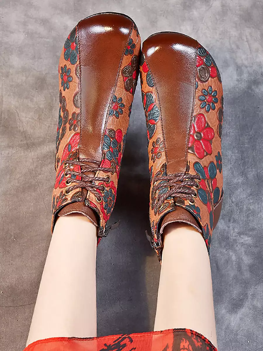 Women Retro Leather Flower Print Chunky Heel Boots