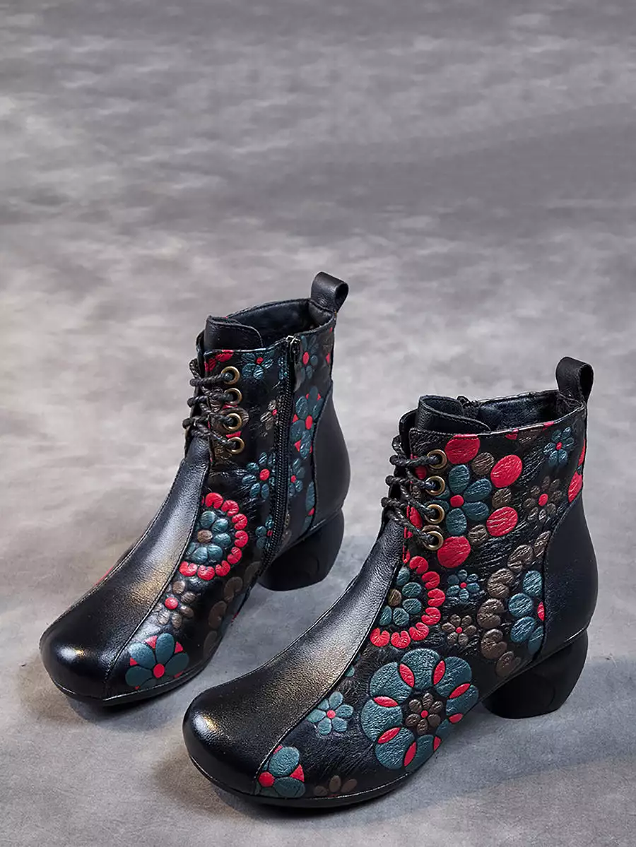 Women Retro Leather Flower Print Chunky Heel Boots