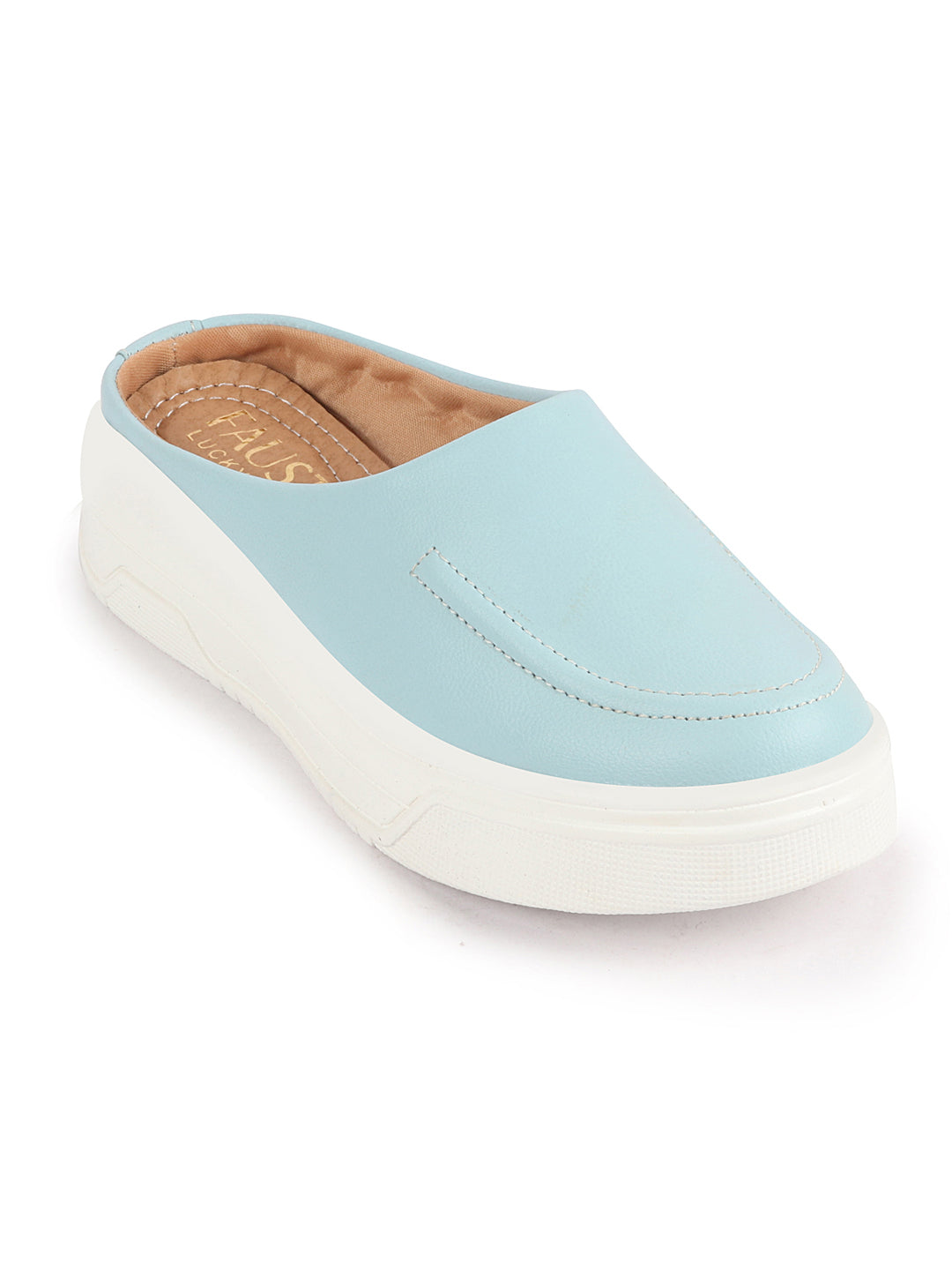 Women Sky Blue Outdoor Fashion Stitched Design Open Back Platform Heel Slip On Casual Shoes