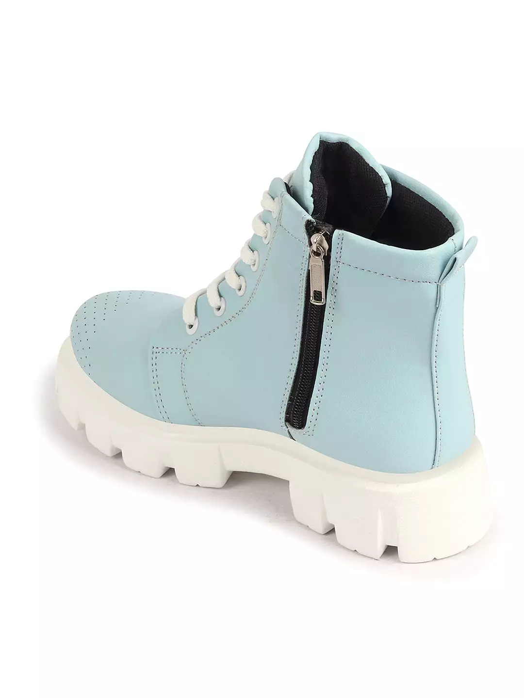 Women Sky Blue Outdoor Winter High Top Chunky Lace Up Casual Boots