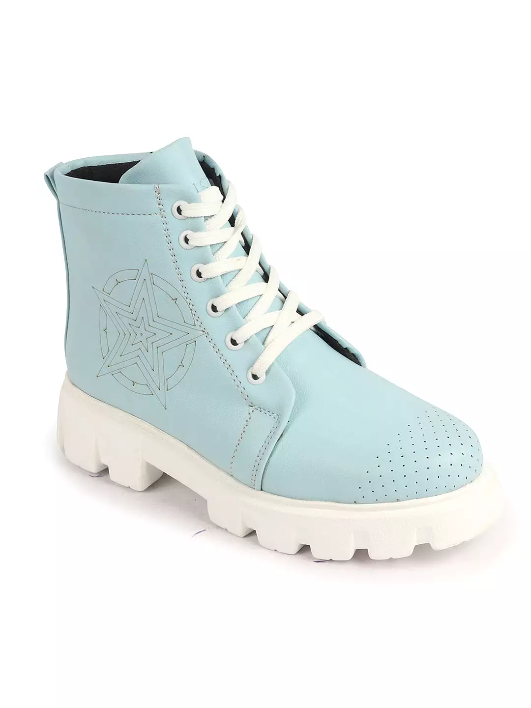 Women Sky Blue Outdoor Winter High Top Chunky Lace Up Casual Boots