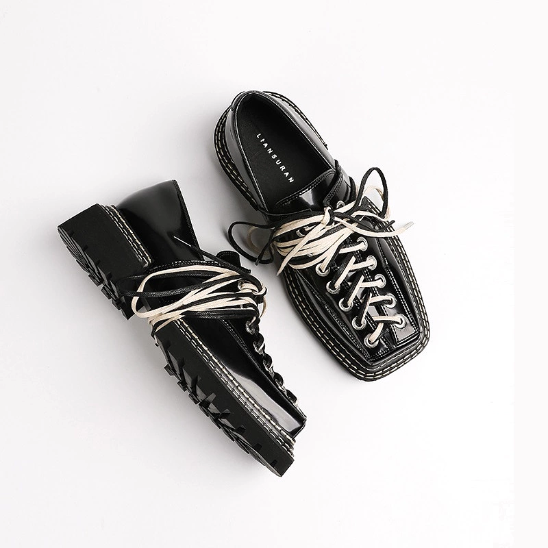 Women Square Lace-up Leather Shoes 