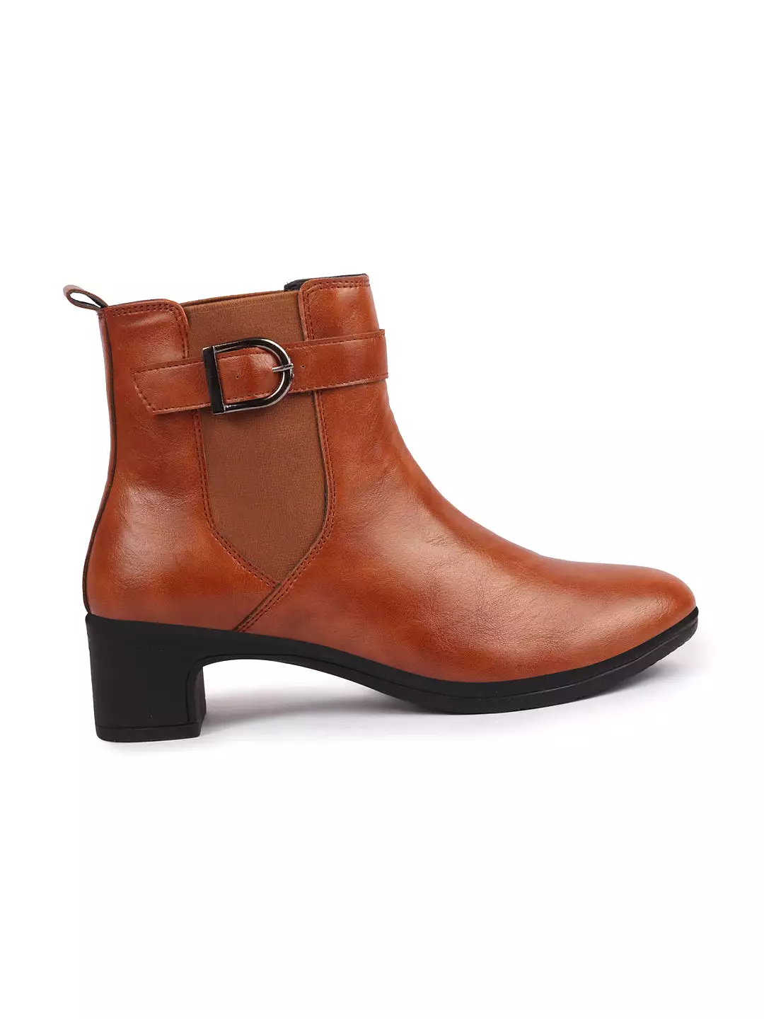 Women Tan Flared Heel High Ankle Classic Winter Buckle Strap Chelsea Boots