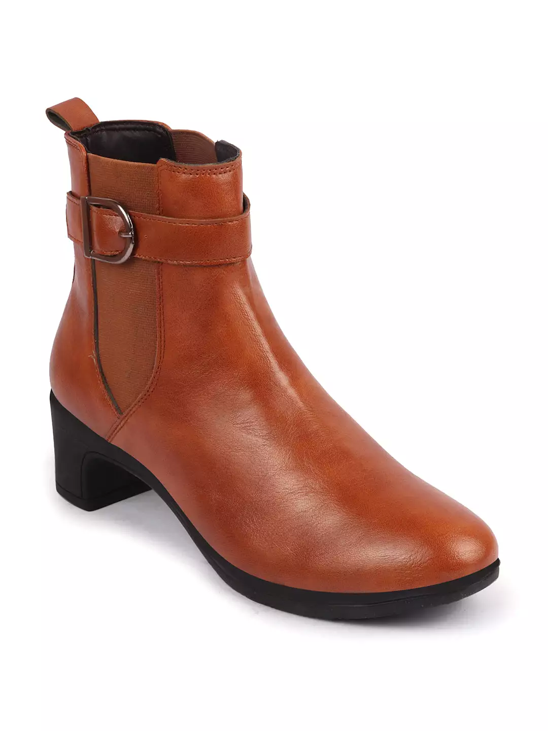 Women Tan Flared Heel High Ankle Classic Winter Buckle Strap Chelsea Boots