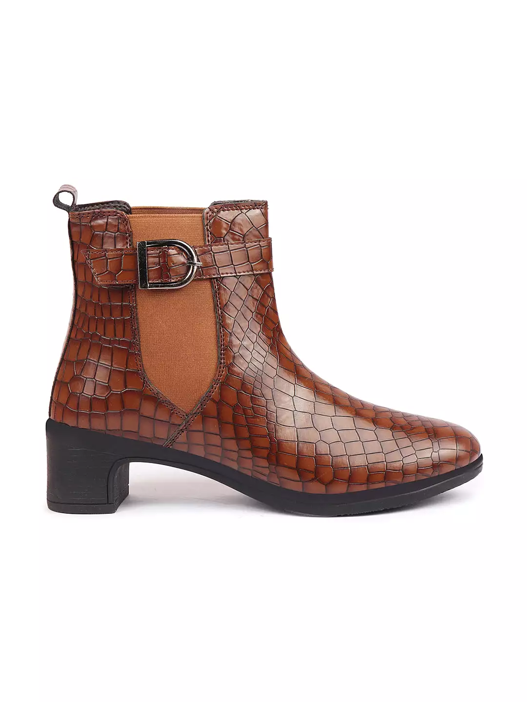 Women Tan Flared Heel High Ankle Leopard Print Embossed Design Winter Buckle Strap Chelsea Boots