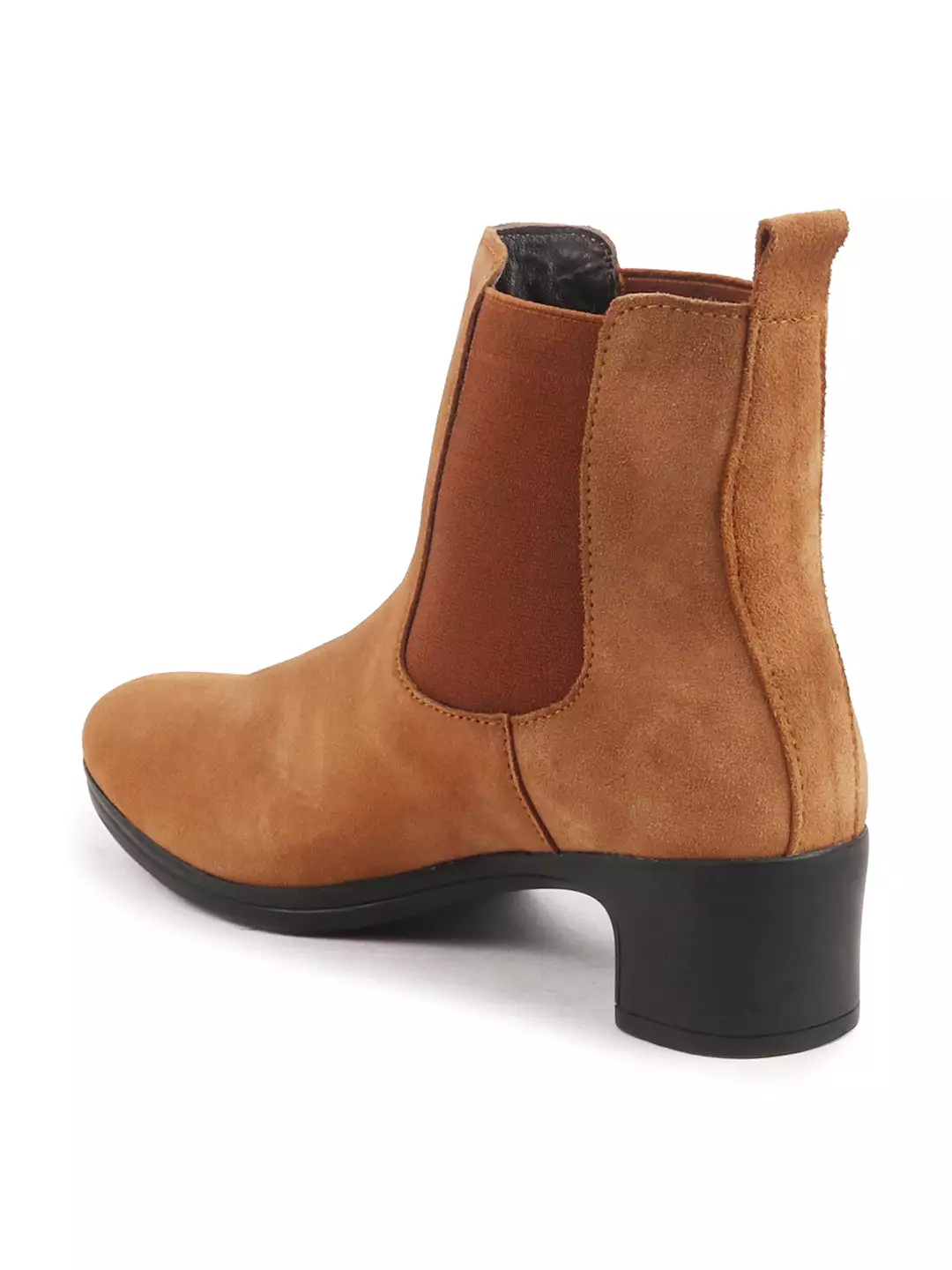 Women Tan Flared Heel High Ankle Suede Leather Classic Winter Chelsea Boots