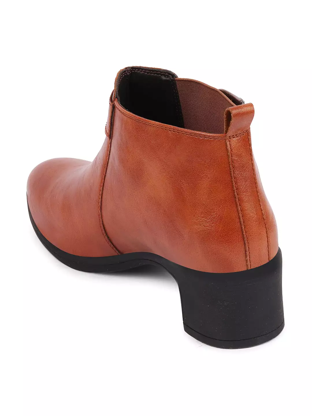 Women Tan Flared Heel Mid Ankle Classic Winter Buckle Strap Chelsea Boots