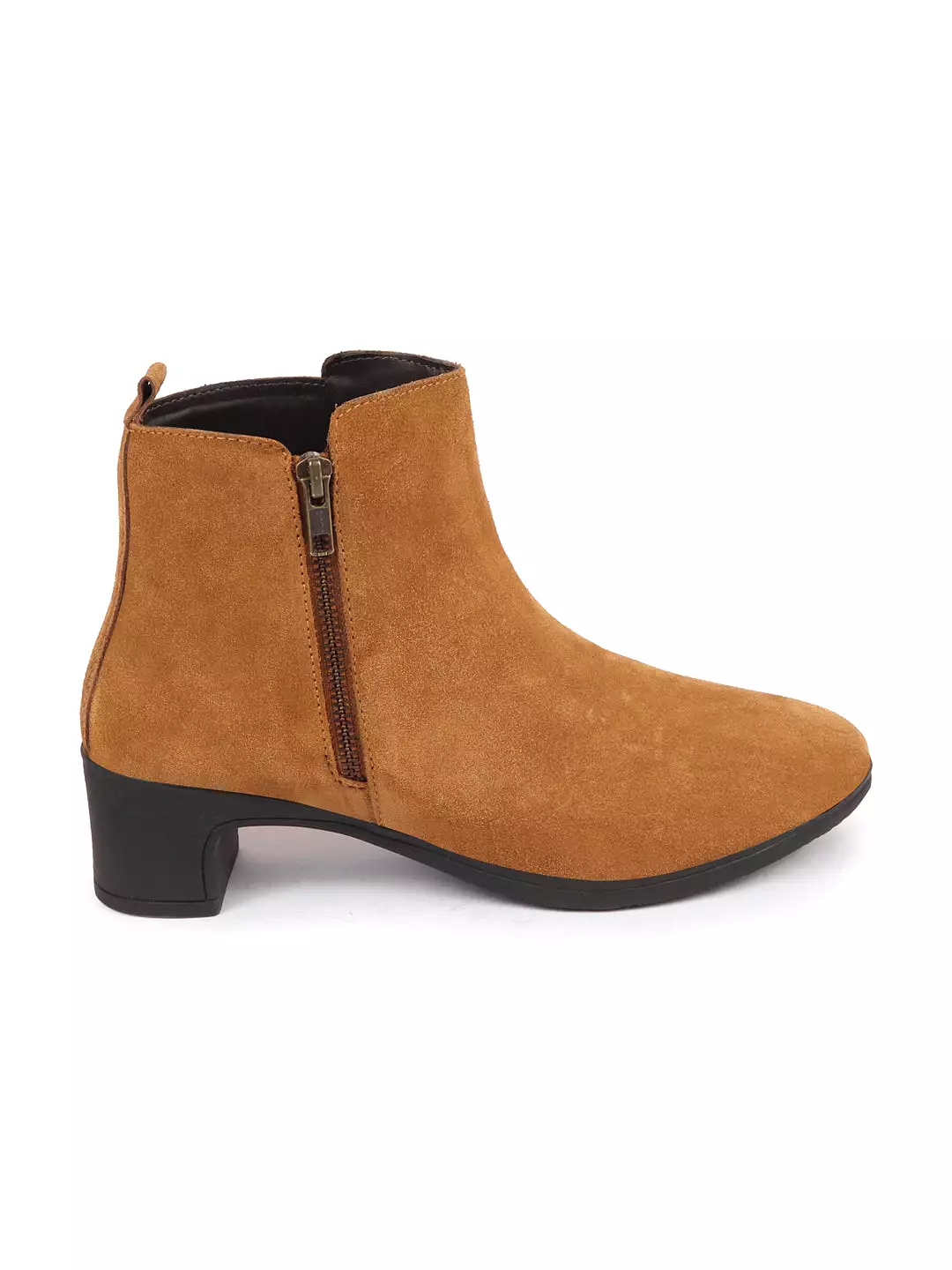 Women Tan Flared Heel Mid Top Suede Leather Zipper Closure Winter Chelsea Boots