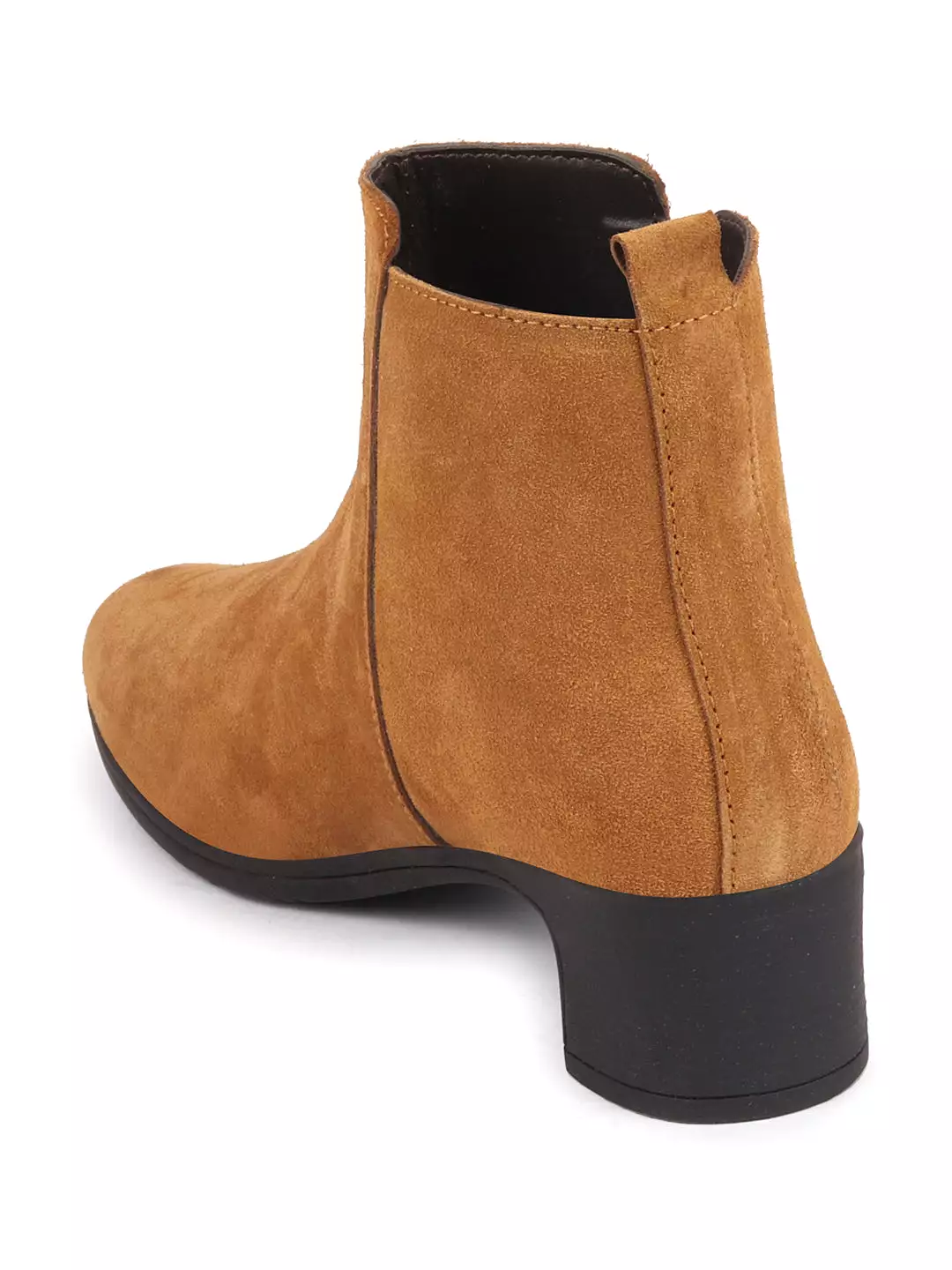 Women Tan Flared Heel Mid Top Suede Leather Zipper Closure Winter Chelsea Boots