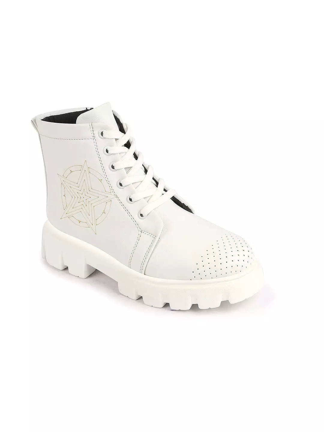 Women White Outdoor Winter High Top Chunky Lace Up Casual Boots