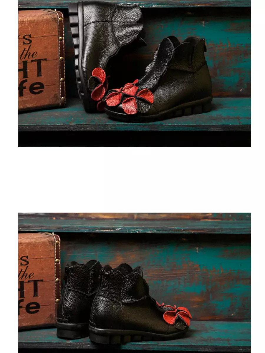 Women Winter Retro Leather Flower Spliced Ankle Boots