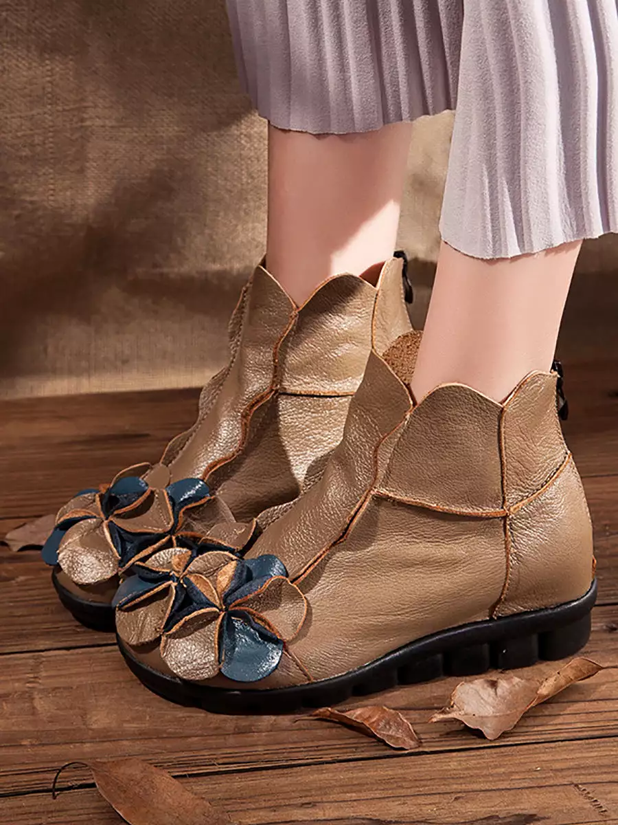 Women Winter Retro Leather Flower Spliced Ankle Boots