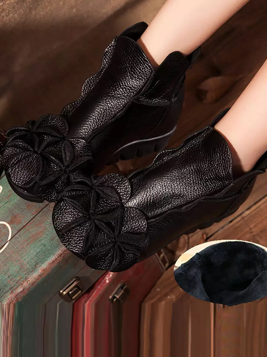 Women Winter Retro Leather Flower Spliced Ankle Boots