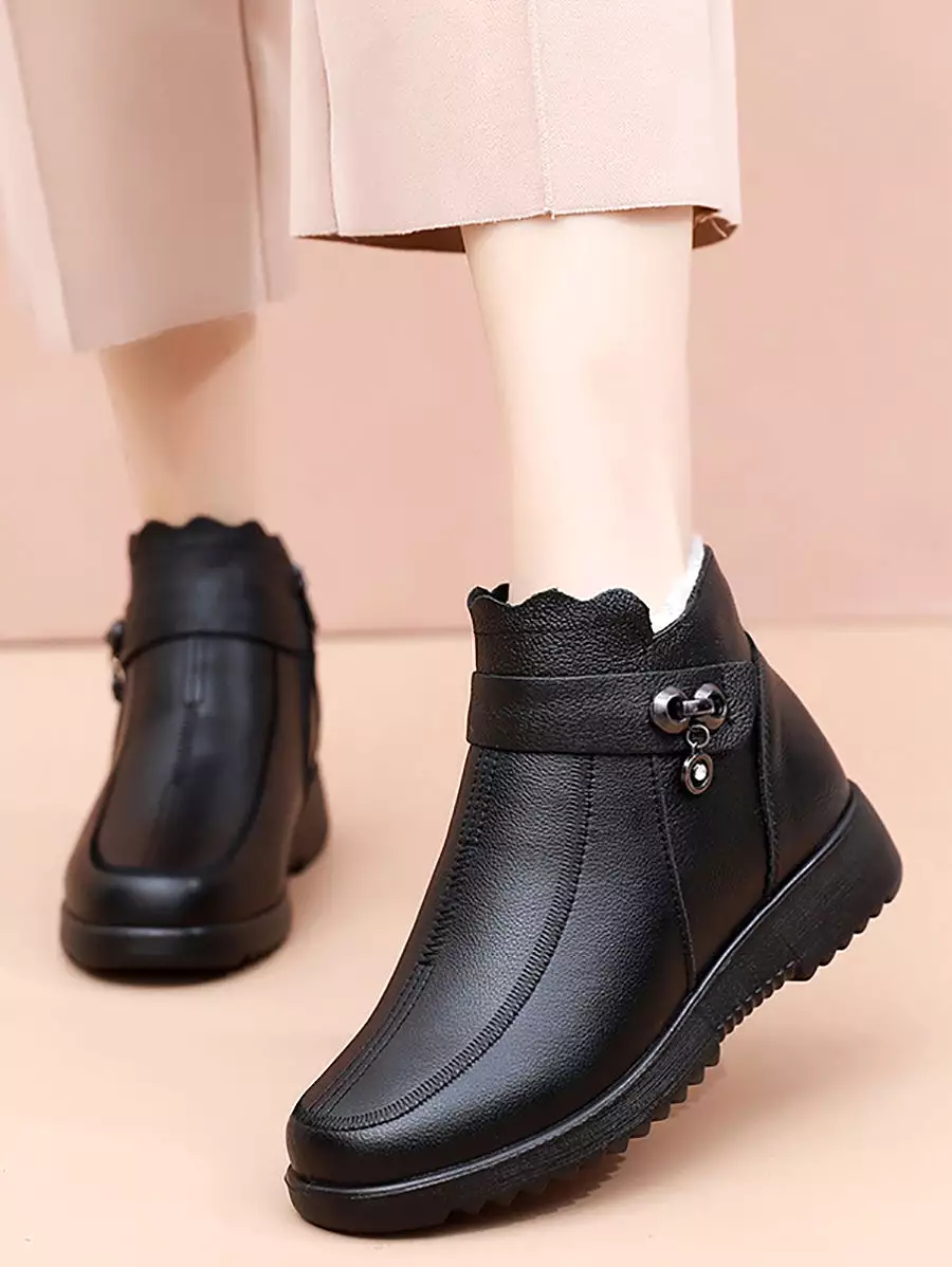 Women Winter Vintage Solid Leather Fleece-lined Boots