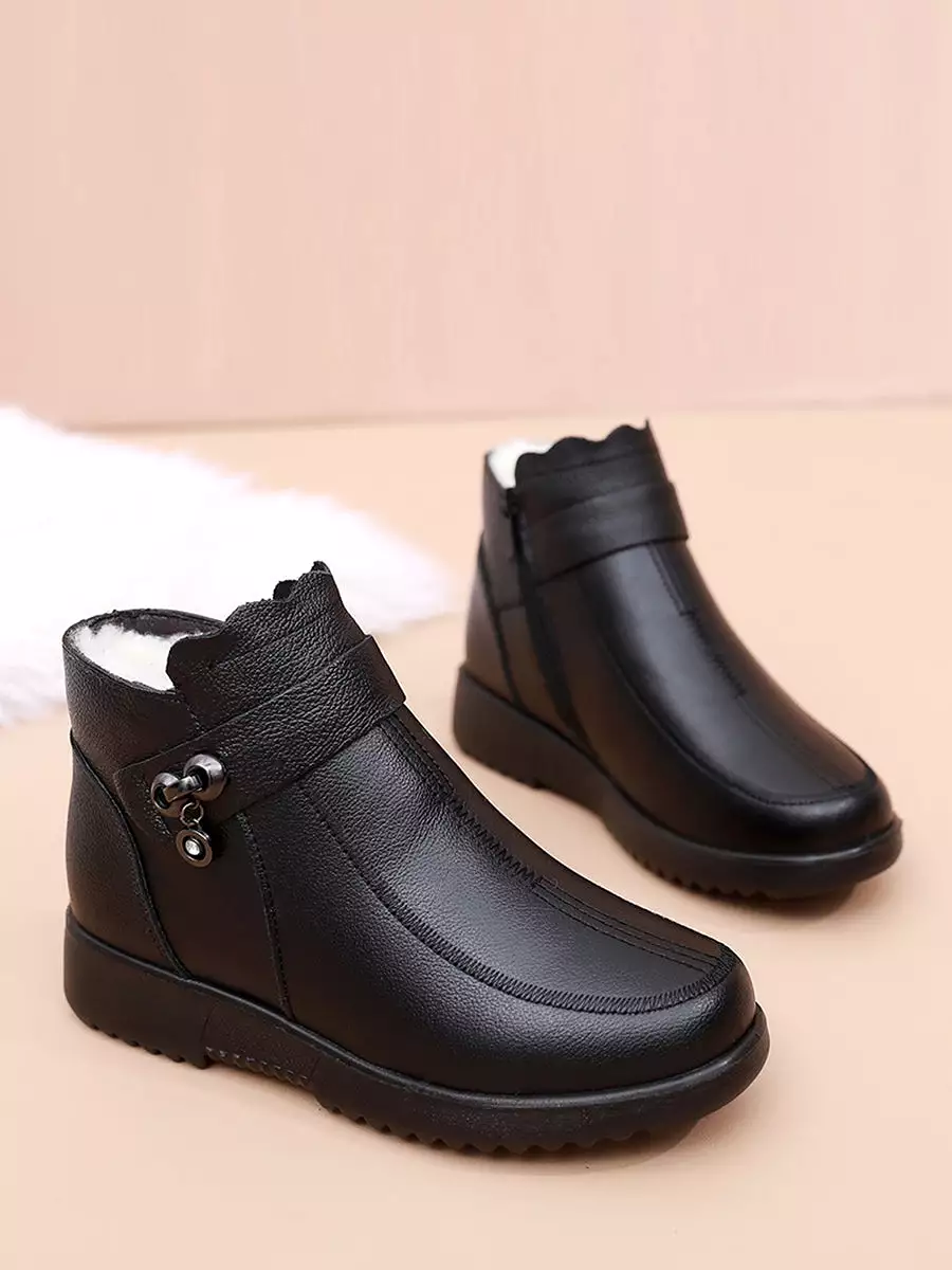 Women Winter Vintage Solid Leather Fleece-lined Boots