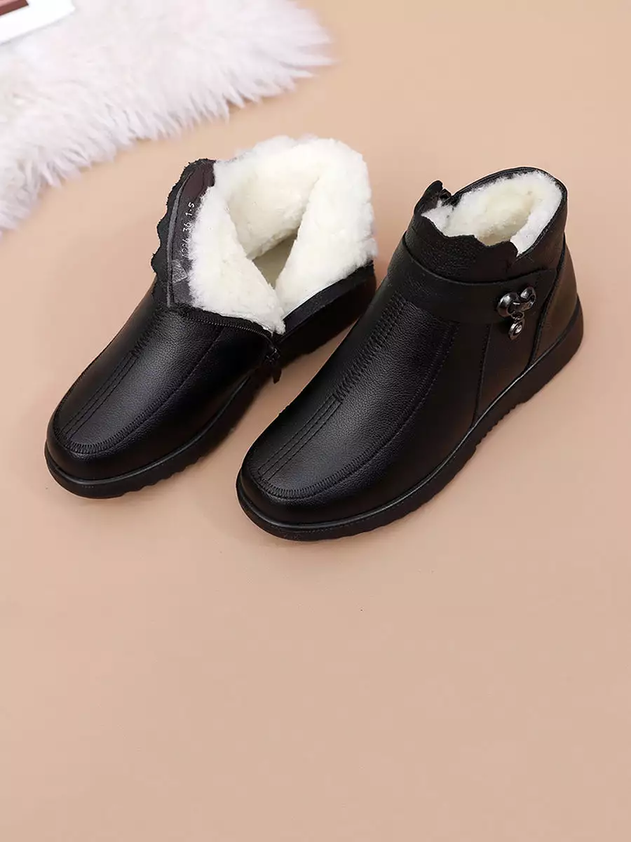 Women Winter Vintage Solid Leather Fleece-lined Boots