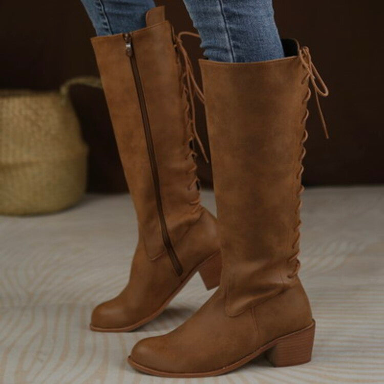 Women's Back Tied Straps Side Zippers Block Heel Tall Boots