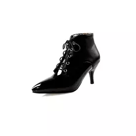 Women's Bicolor Pointed Toe Lace Up Kitten Heel Ankle Boots