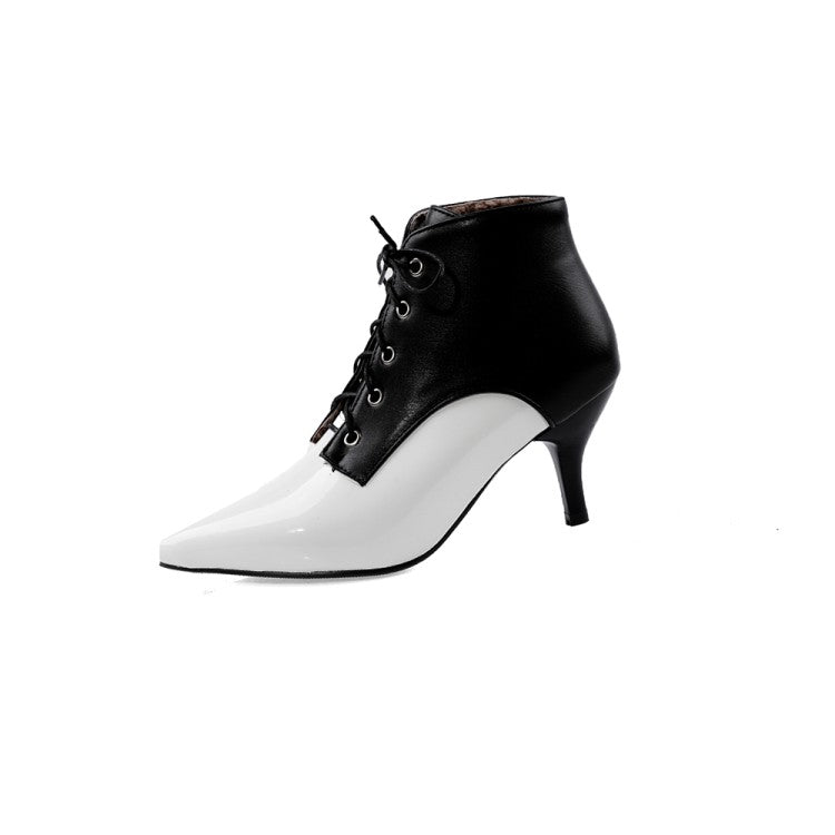 Women's Bicolor Pointed Toe Lace Up Kitten Heel Ankle Boots