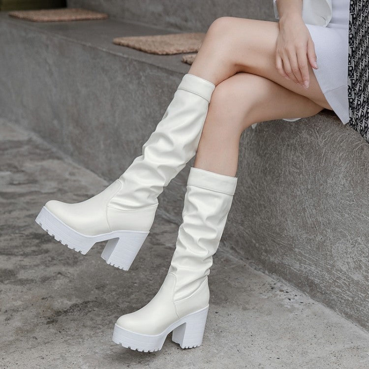 Women's Block Chunky Heel Platform Mid Calf Boots