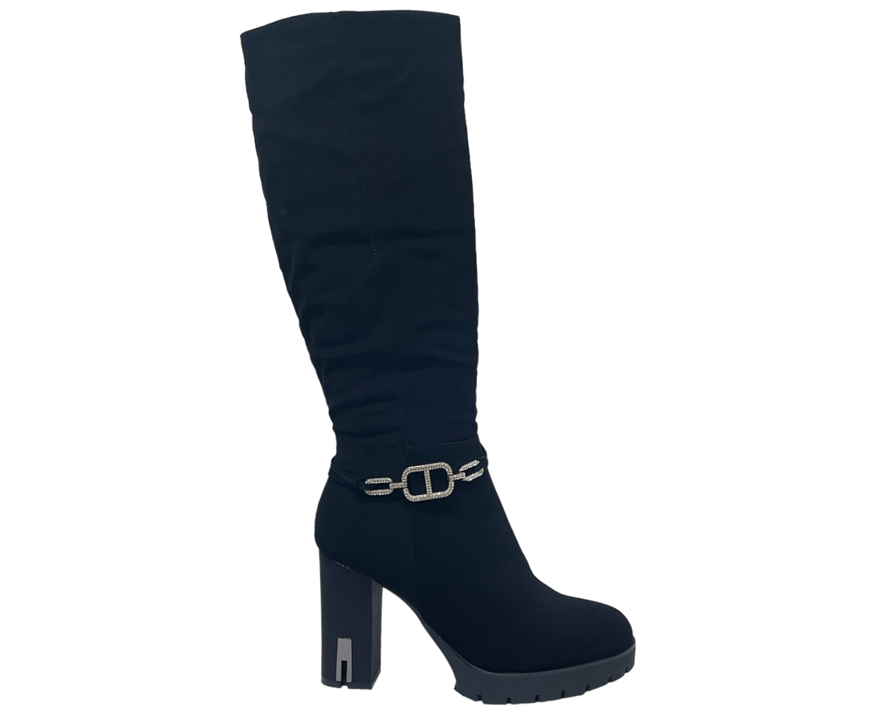 Women's Block Heels Zip Diamante Knee High Boots