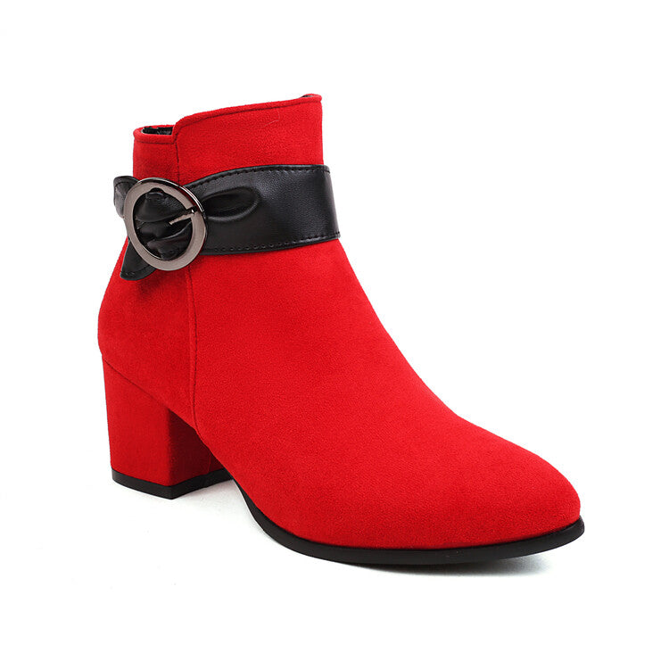 Women's Booties Bicolor Flock Buckle Straps Block Heel Ankle Boots