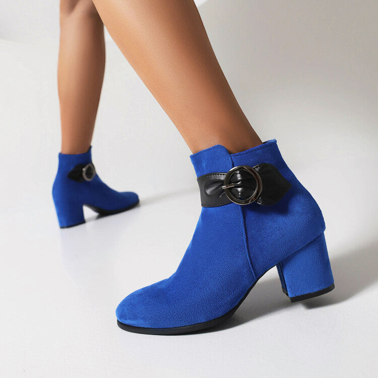 Women's Booties Bicolor Flock Buckle Straps Block Heel Ankle Boots