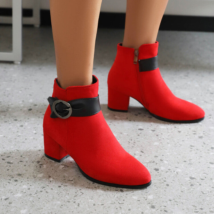 Women's Booties Bicolor Flock Buckle Straps Block Heel Ankle Boots