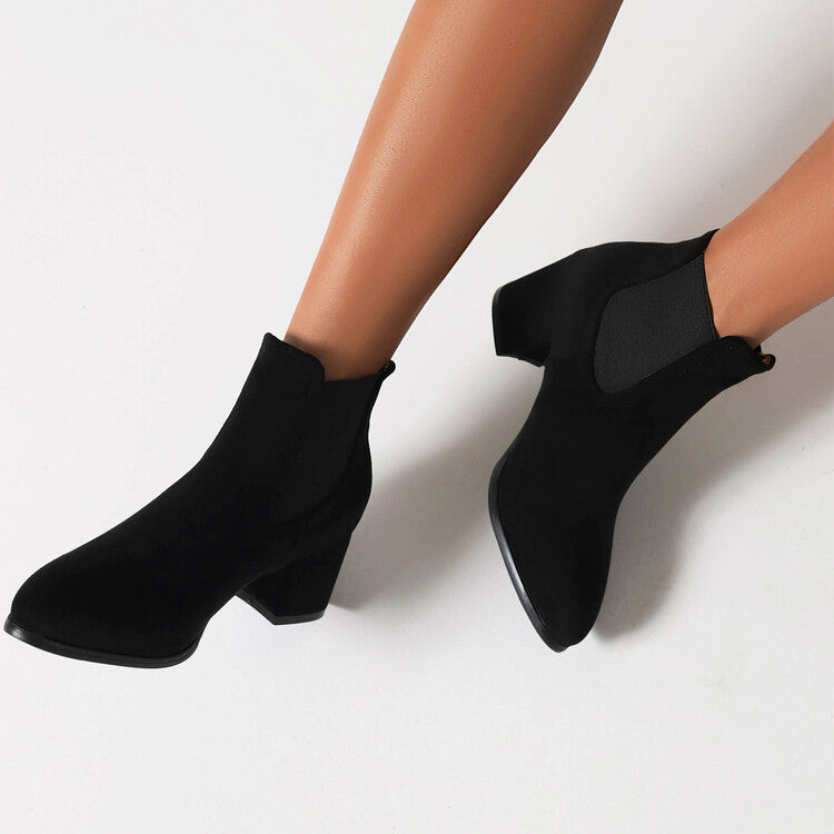 Women's Booties Bicolor Flock Pointed Toe Stretch Block Heel Ankle Boots