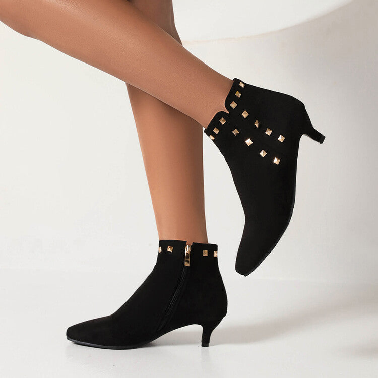 Women's Booties Flock Pointed Toe Rivets Side Zippers Kitten Heel Ankle Boots