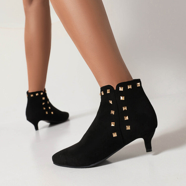 Women's Booties Flock Pointed Toe Rivets Side Zippers Kitten Heel Ankle Boots