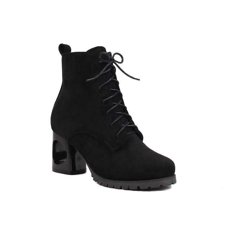 Women's Booties Flock Round Toe Lace Up Block Heel Ankle Boots