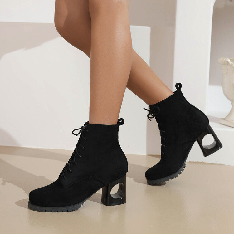 Women's Booties Flock Round Toe Lace Up Block Heel Ankle Boots