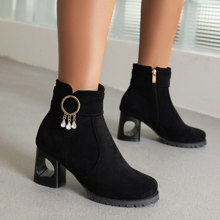 Women's Booties Flock Side Zippers Pearls Tassel Block Heel Ankle Boots