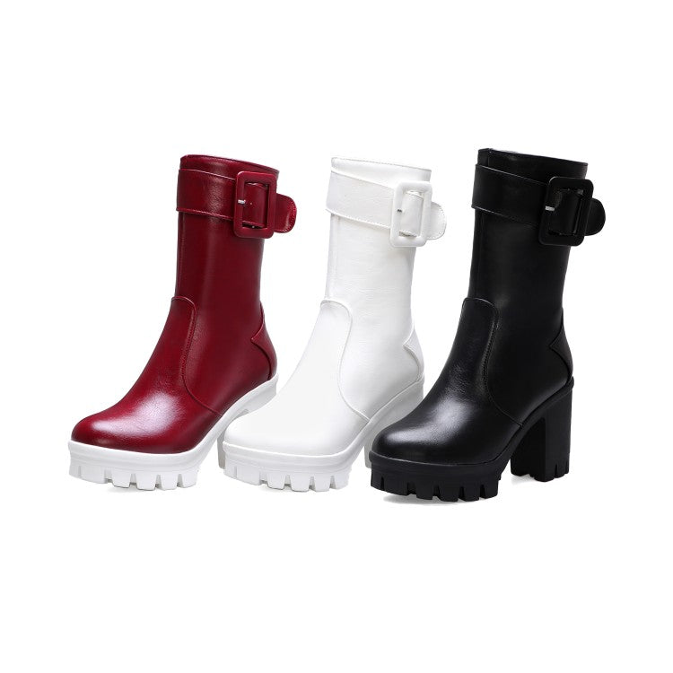 Women's Buckle Block Heel Platform Mid Calf Boots