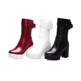 Women's Buckle Block Heel Platform Mid Calf Boots