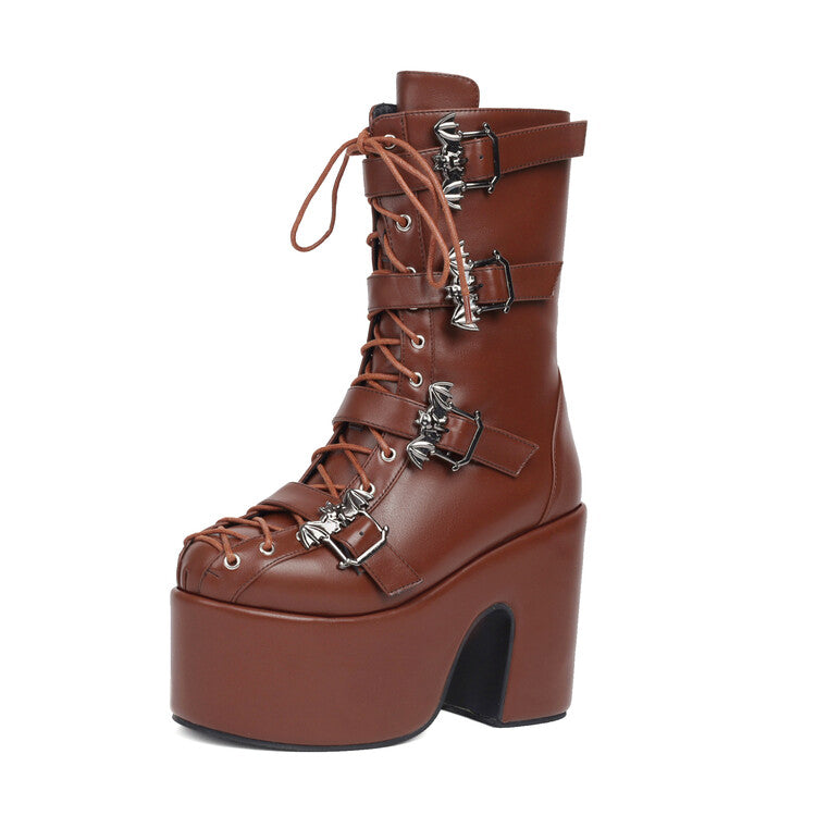 Women's Buckle Straps Lace-Up Chunky Heel Platform Mid Calf Boots