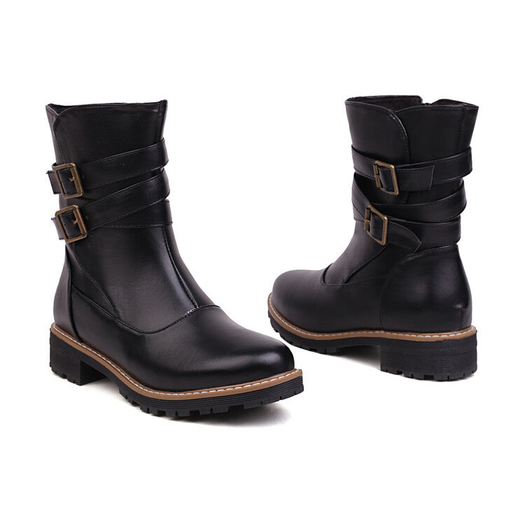 Women's Buckle Straps Side Zippers Ankle Boots