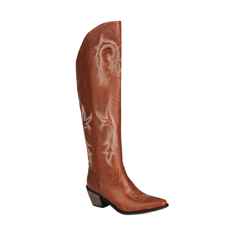 Women's Cowboy Pointed Toe Beveled Heel Embroidery Knee High Western Boots