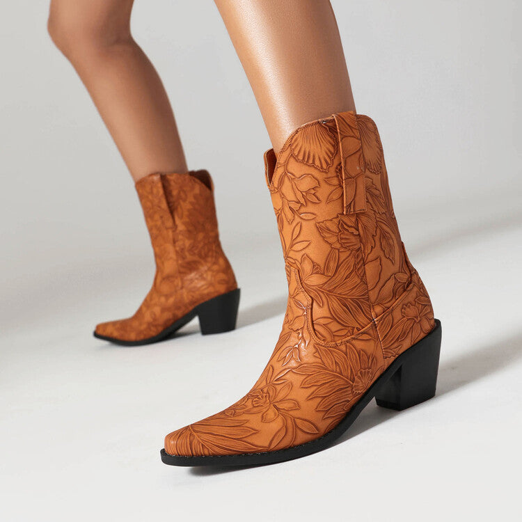 Women's Cowboy Pointed Toe Beveled Heel Flowers Printed Mid Calf Western Boots