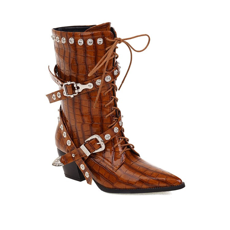 Women's
 Crocodile Pattern Pointed Toe Belts Buckles Rivets Puppy Heel Mid Calf Boots